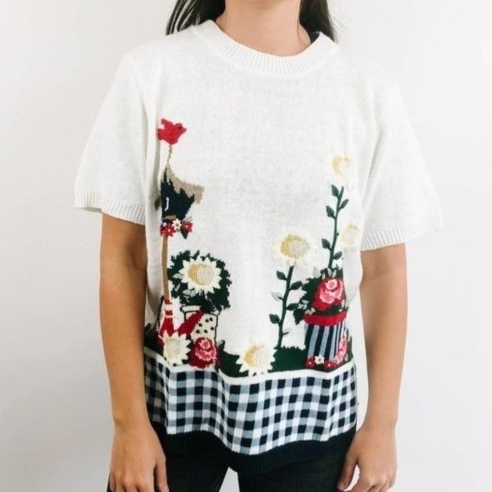 Blair Vintage Garden Embroidered Knit Sweater White Gingham Floral Birdhouse Med
